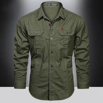 Cargo-Shirt – Langärmliges Herrenhemd mit Knöpfen und Taschen-Grün-M-Chaps Herrenmode