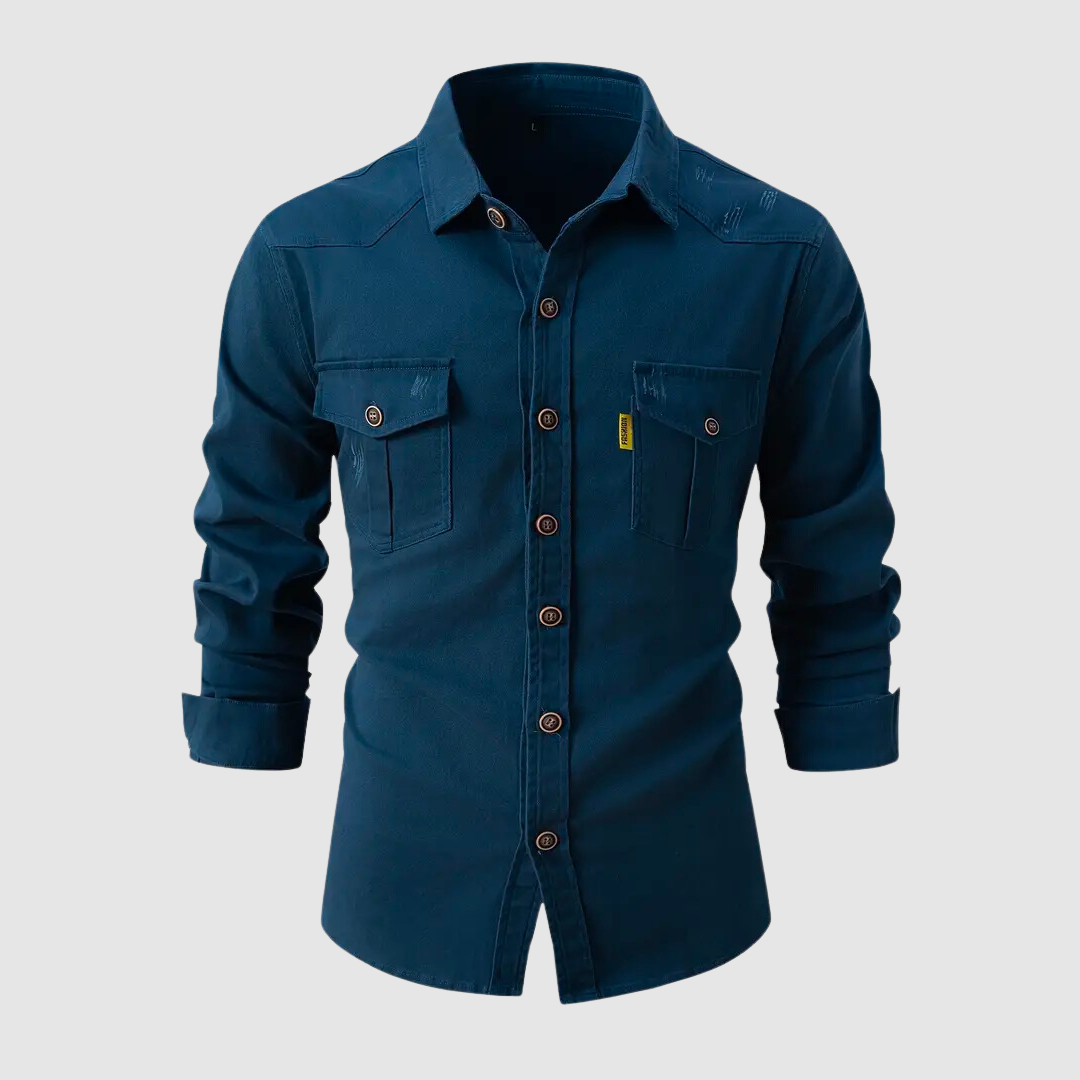 Cargo-Shirt – schmale Passform – Langarm – Hemd mit Knöpfen – Herrenhemden-Blau-S-Chaps Herrenmode