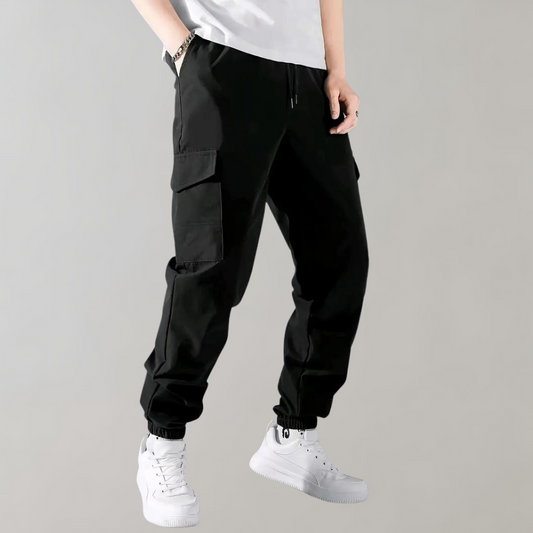 Cargohose – Schwarz – Kordelzug – Cargojogginghose – Herrenhose-S-Chaps Herrenmode