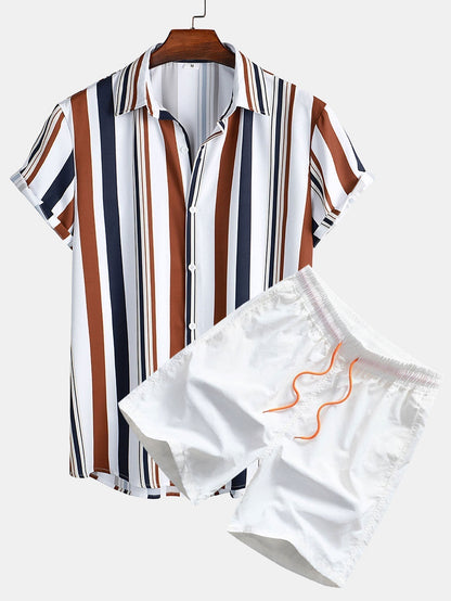 Co-Ord Set - Gestreiftes Kurzarmhemd und Shorts für Herren im Set für den Sommer-Weiß-M-Chaps Herrenmode