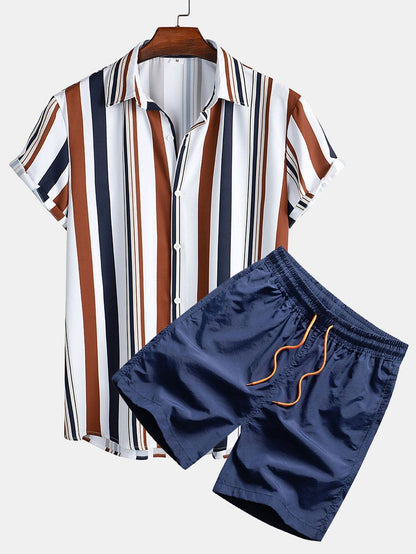 Co-Ord Set - Gestreiftes Kurzarmhemd und Shorts für Herren im Set für den Sommer-Weiß und Marineblau-M-Chaps Herrenmode