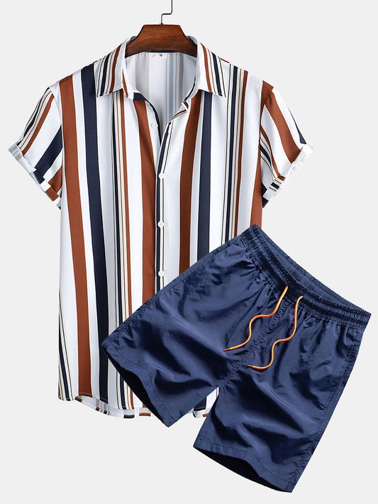 Co-Ord Set - Gestreiftes Kurzarmhemd und Shorts für Herren im Set für den Sommer-Weiß und Marineblau-M-Chaps Herrenmode