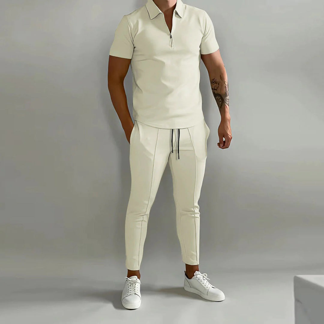 Co-Ord Set | Polo T-Shirt | Elastische Taille | Zweiteiliges Set | Herren Sommer Set-Beige-S-Chaps Herrenmode