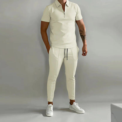 Co-Ord Set | Polo T-Shirt | Elastische Taille | Zweiteiliges Set | Herren Sommer Set-Beige-S-Chaps Herrenmode