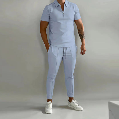 Co-Ord Set | Polo T-Shirt | Elastische Taille | Zweiteiliges Set | Herren Sommer Set-Hellblau-S-Chaps Herrenmode