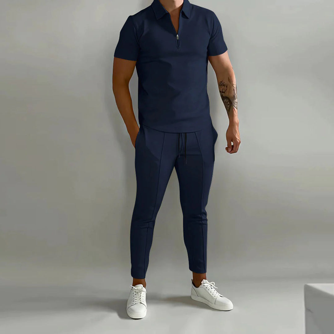 Co-Ord Set | Polo T-Shirt | Elastische Taille | Zweiteiliges Set | Herren Sommer Set-Marineblau-S-Chaps Herrenmode