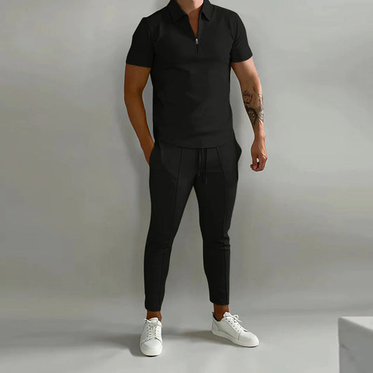 Co-Ord Set | Polo T-Shirt | Elastische Taille | Zweiteiliges Set | Herren Sommer Set-Schwarz-S-Chaps Herrenmode