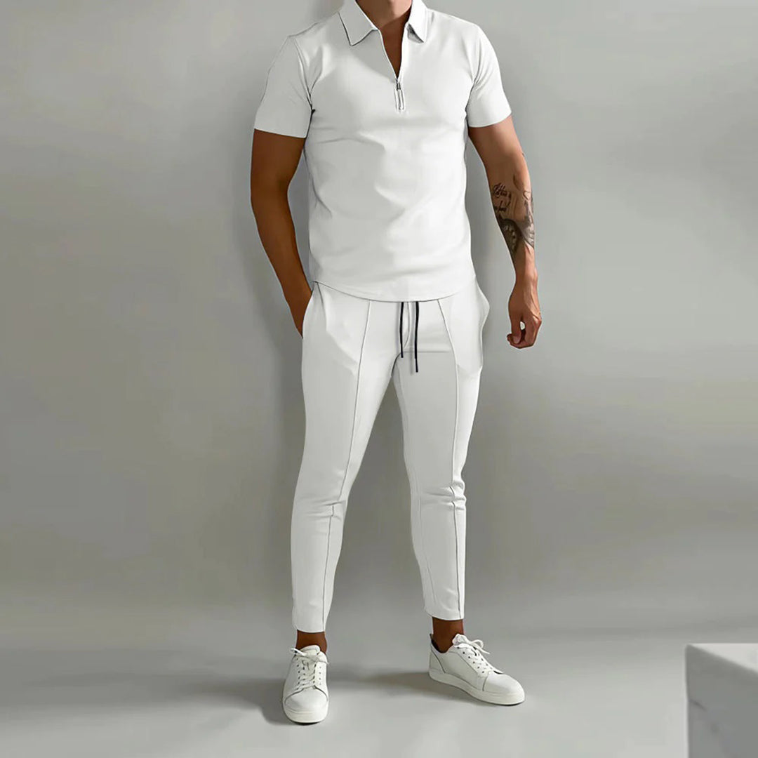 Co-Ord Set | Polo T-Shirt | Elastische Taille | Zweiteiliges Set | Herren Sommer Set-Weiß-S-Chaps Herrenmode
