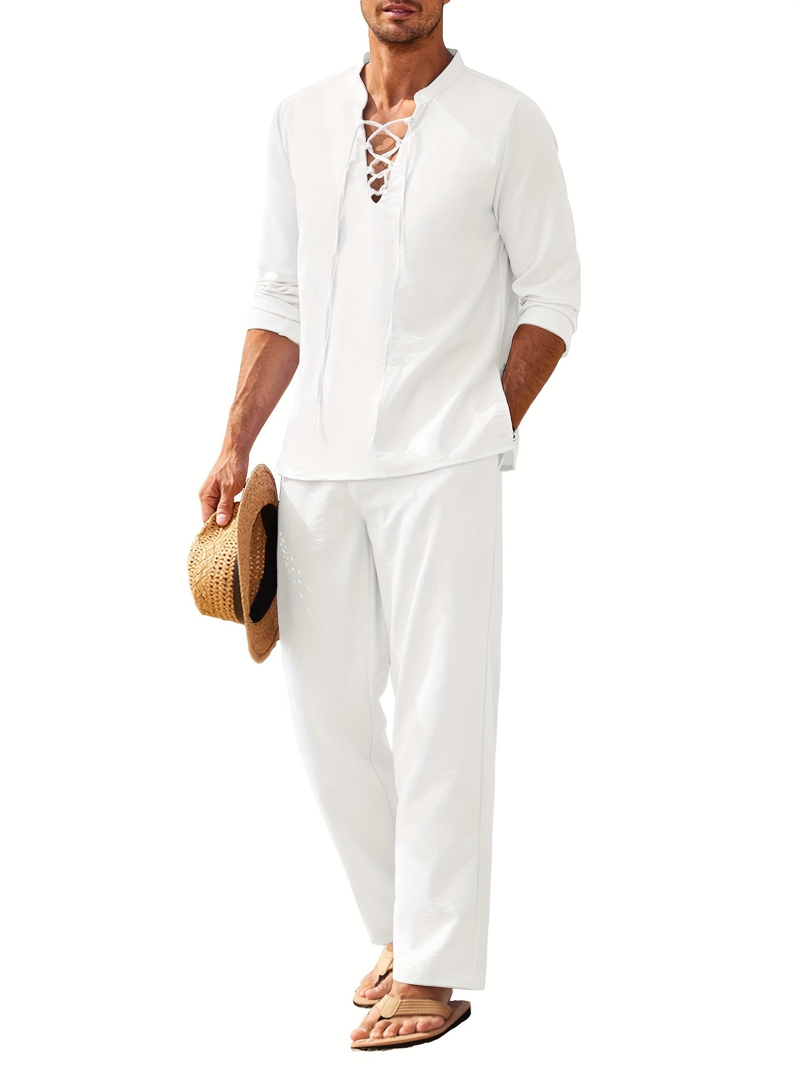 Co-Ord Set - Zweiteiliges Set aus Leinen für Männer mit langen Ärmeln für den Sommer-Weiß-S-Chaps Herrenmode