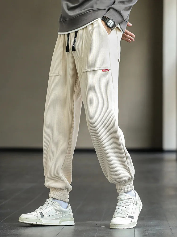 Corduroy Pants | Drawstring | Baggy | Joggers | Men's Pants-Beige-M-Chaps Herrenmode