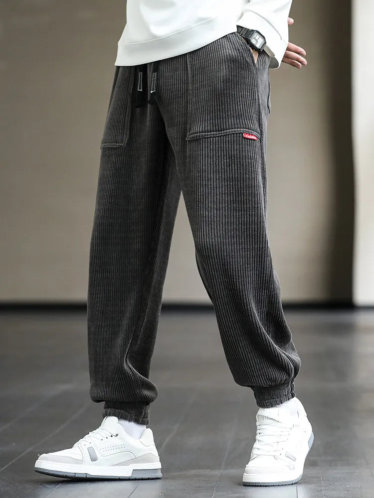 Corduroy Pants | Drawstring | Baggy | Joggers | Men's Pants-Grau-M-Chaps Herrenmode