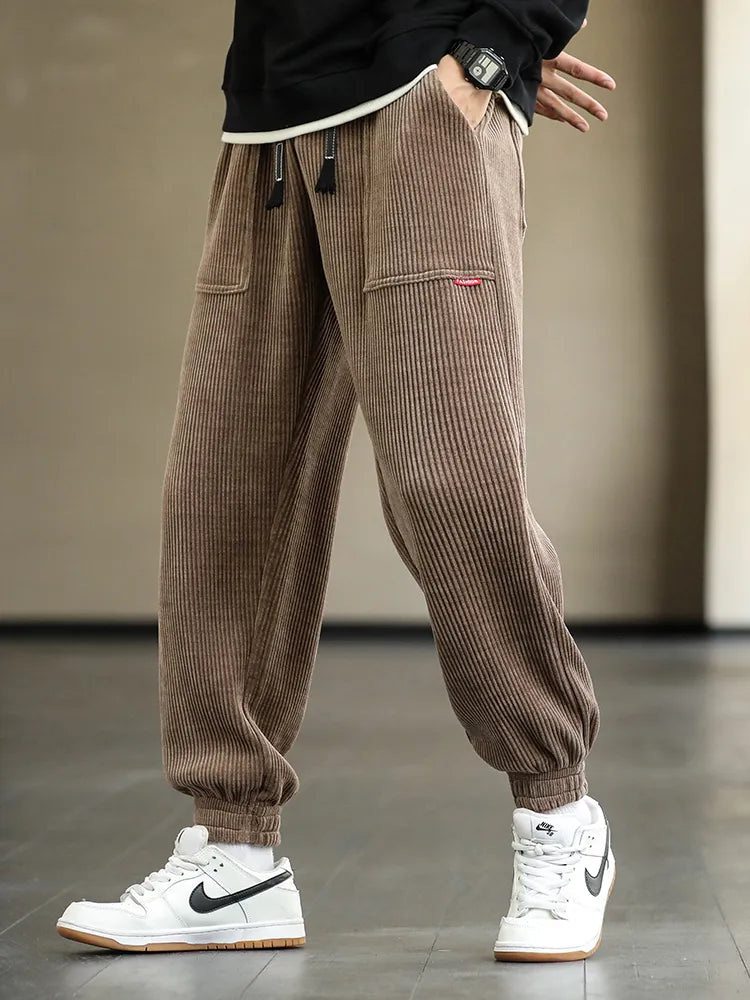 Corduroy Pants | Drawstring | Baggy | Joggers | Men's Pants-Khaki-M-Chaps Herrenmode