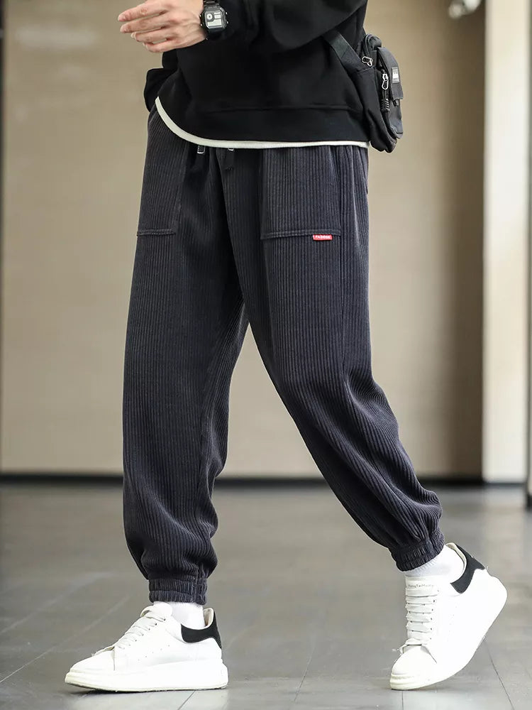 Corduroy Pants | Drawstring | Baggy | Joggers | Men's Pants-Schwarz-M-Chaps Herrenmode