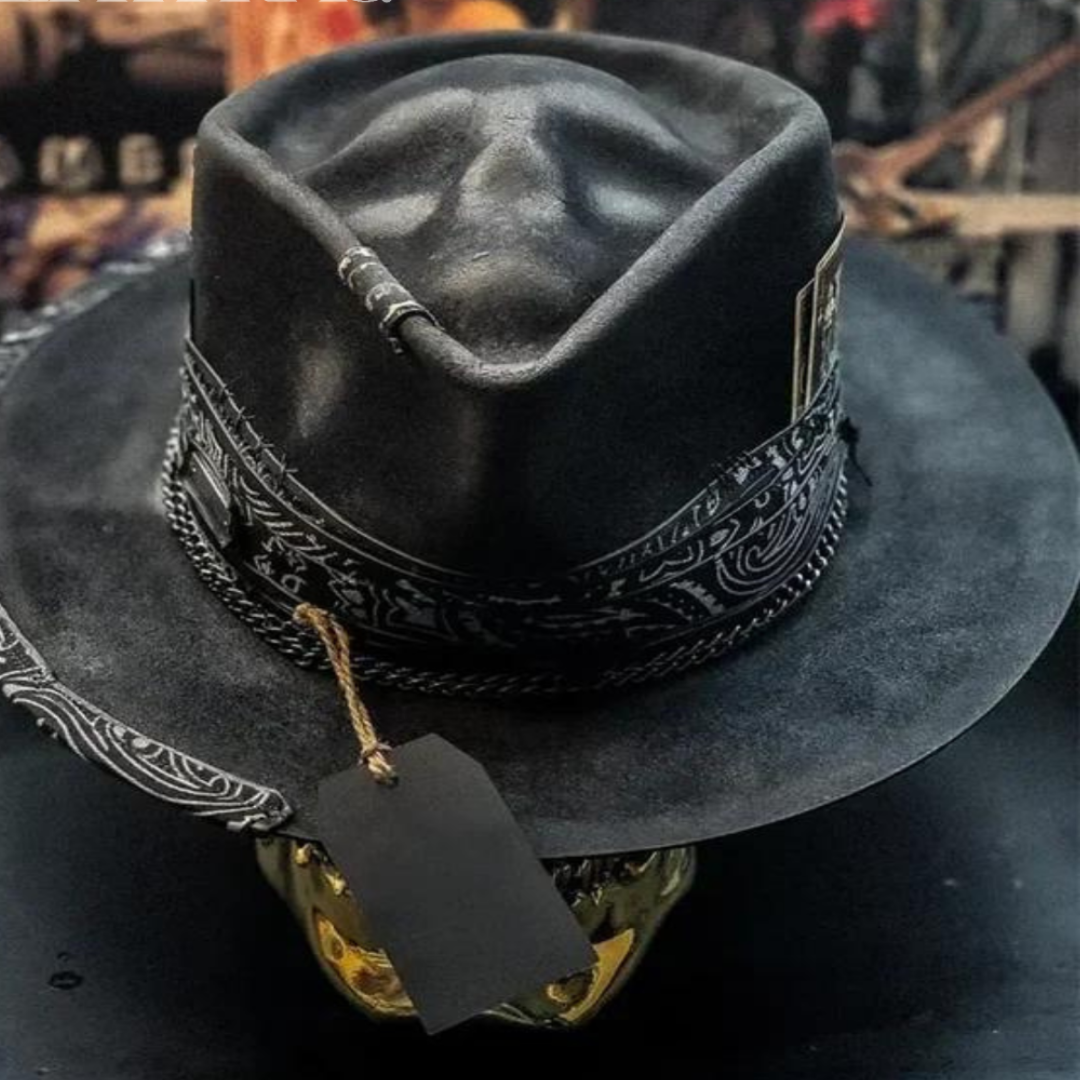 Cowboyhut - Schwarzer Totenkopf Fedora Hut mit breiter Krempe für Männer-Chaps Herrenmode