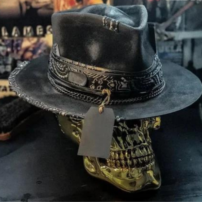Cowboyhut - Schwarzer Totenkopf Fedora Hut mit breiter Krempe für Männer-Chaps Herrenmode