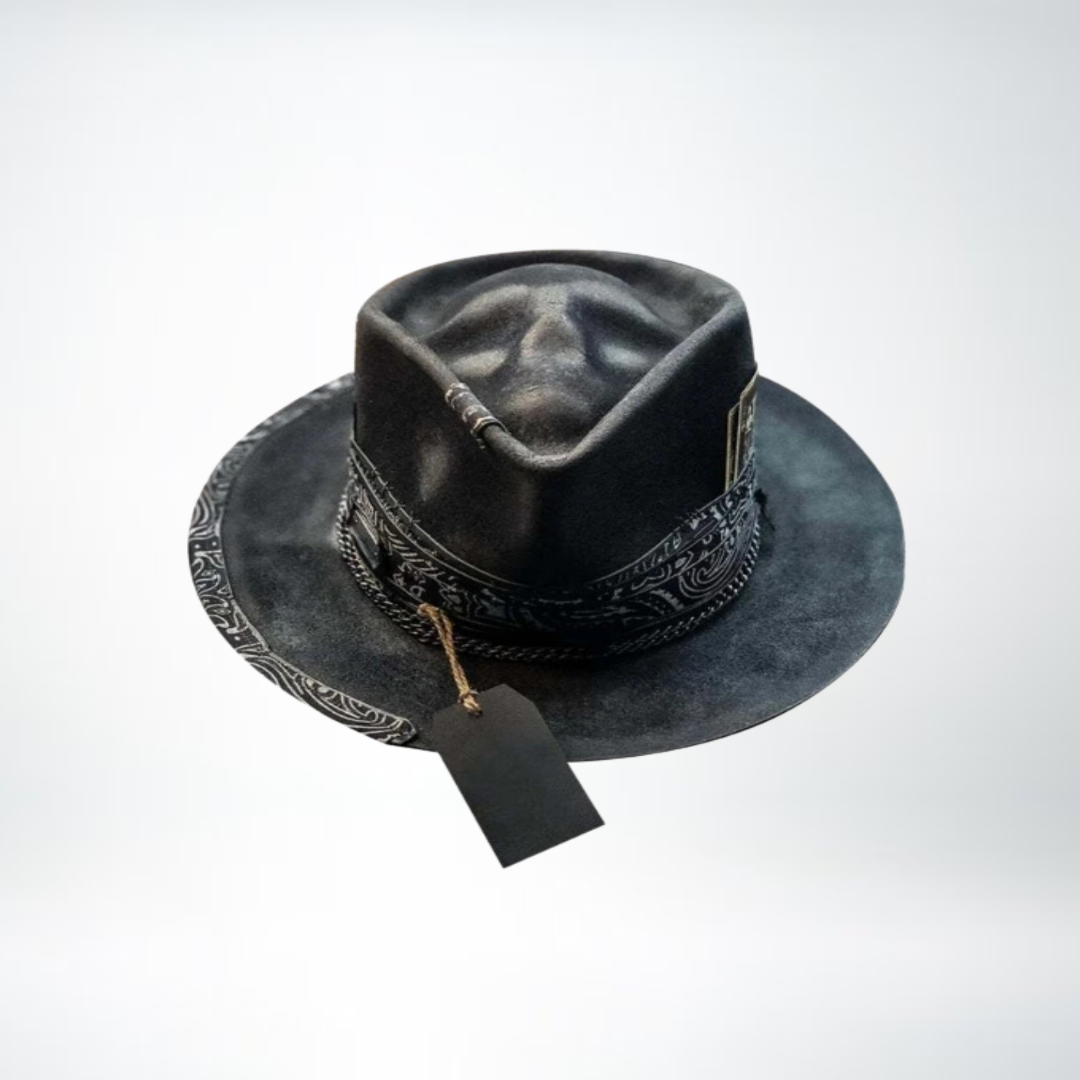 Cowboyhut - Schwarzer Totenkopf Fedora Hut mit breiter Krempe für Männer-Schwarz-Chaps Herrenmode