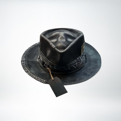 Cowboyhut - Schwarzer Totenkopf Fedora Hut mit breiter Krempe für Männer-Schwarz-Chaps Herrenmode