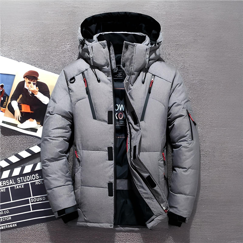 Daunenjacke - Kapuze - Zip-Up - Pufferjacke - Winterjacke für Männer-Grau-M-Chaps Herrenmode