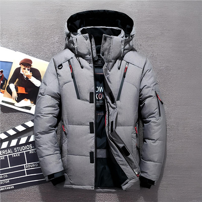 Daunenjacke - Kapuze - Zip-Up - Pufferjacke - Winterjacke für Männer-Grau-M-Chaps Herrenmode