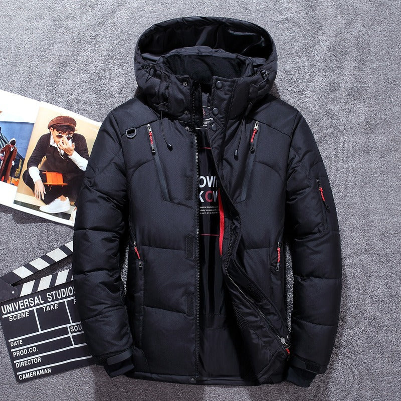 Daunenjacke - Kapuze - Zip-Up - Pufferjacke - Winterjacke für Männer-Schwarz-M-Chaps Herrenmode