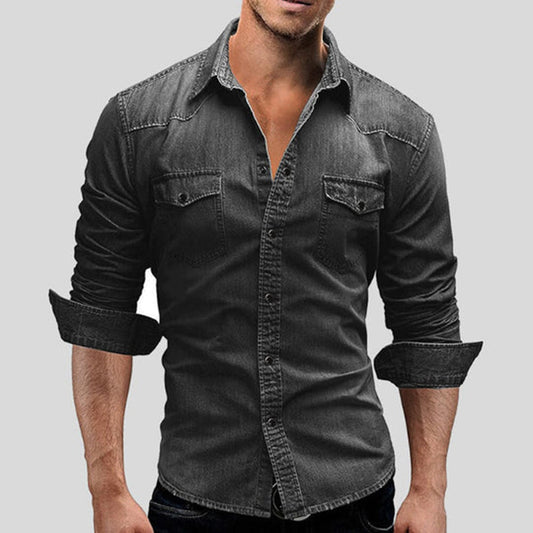 Denim Hemd - Herren Slim Fit Langarm Hemd mit Knopfleiste-Dunkelgrau-M-Chaps Herrenmode