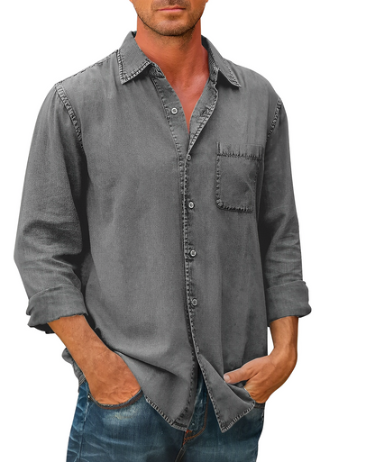 Denim Hemd | Kragen | Knopfleiste | Langarmhemd | Herrenbekleidung-Grau-S-Chaps Herrenmode