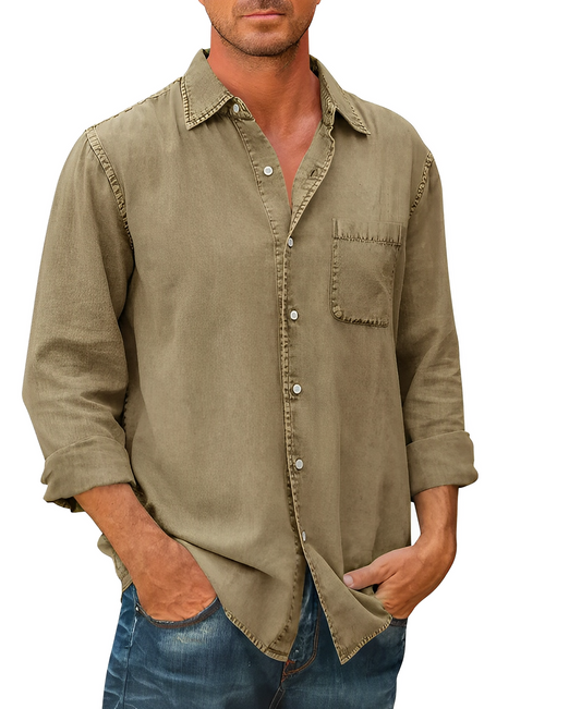 Denim Hemd | Kragen | Knopfleiste | Langarmhemd | Herrenbekleidung-Khaki-S-Chaps Herrenmode