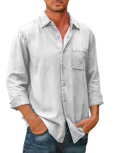 Denim Hemd | Kragen | Knopfleiste | Langarmhemd | Herrenbekleidung-Weiß-S-Chaps Herrenmode