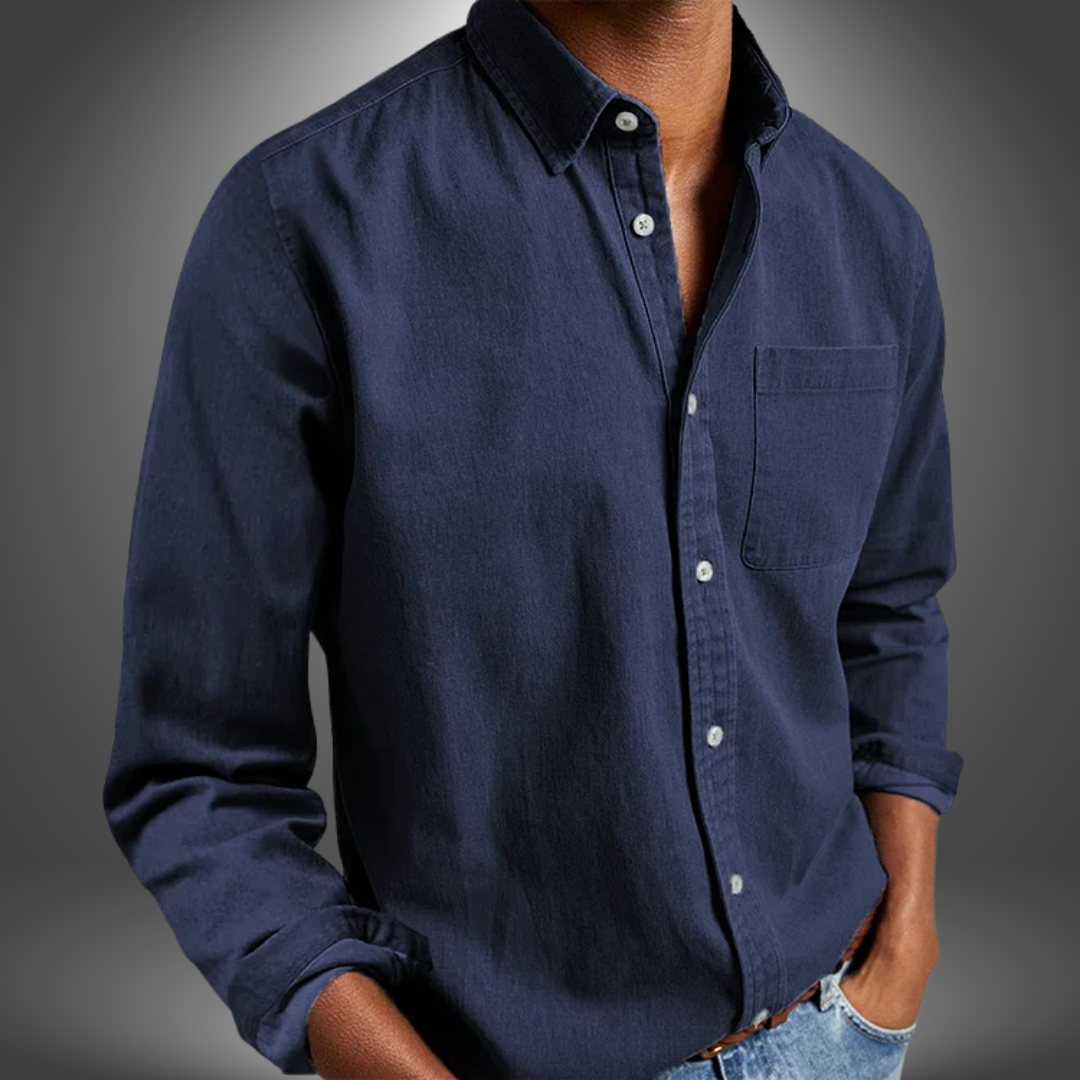 Denim Hemd | Langarm | Normale Passform | Button-Up Hemd | Herrenhemden-Dunkelblau-S-Chaps Herrenmode