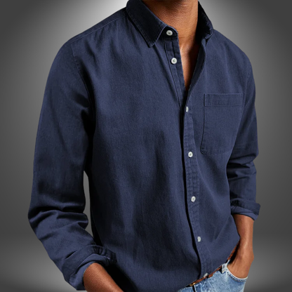 Denim Hemd | Langarm | Normale Passform | Button-Up Hemd | Herrenhemden-Dunkelblau-S-Chaps Herrenmode