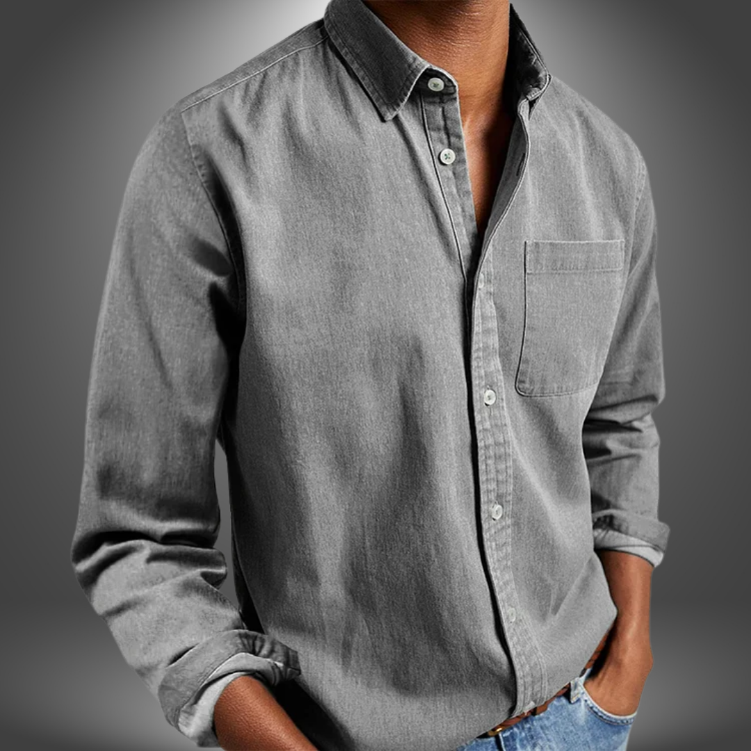 Denim Hemd | Langarm | Normale Passform | Button-Up Hemd | Herrenhemden-Grau-S-Chaps Herrenmode
