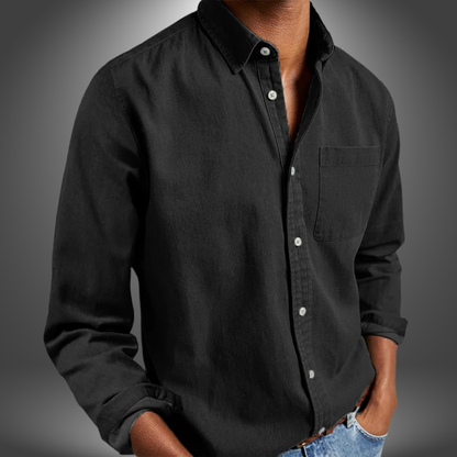 Denim Hemd | Langarm | Normale Passform | Button-Up Hemd | Herrenhemden-Schwarz-S-Chaps Herrenmode