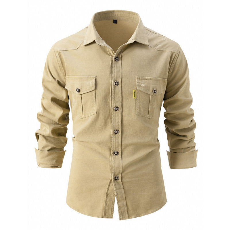 Denim Hemd - Langärmeliges Hemd mit Brusttaschen für Männer-Khaki-S-Chaps Herrenmode