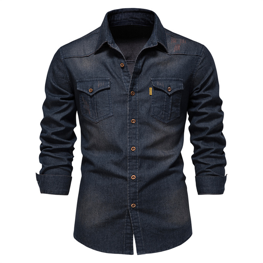 Denim Shirt | Button-Up | Collared | Langarmhemd | Herrenhemd-Marineblau-S-Chaps Herrenmode