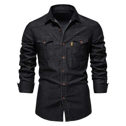 Denim Shirt | Button-Up | Collared | Langarmhemd | Herrenhemd-Schwarz-S-Chaps Herrenmode