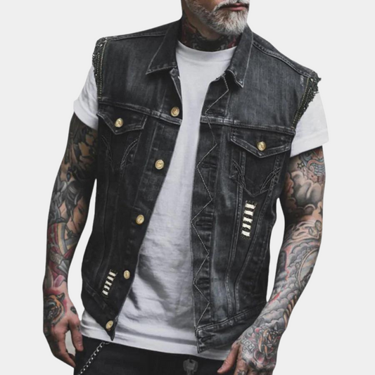 Denim Weste - Herrenweste aus schwarzem, geripptem Denim ohne Ärmel-Schwarz-S-Chaps Herrenmode