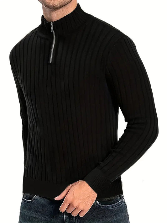 Dwayne Pulli | Herren Strickpullover mit halbem Reißverschluss-Schwarz-S-Chaps Herrenmode