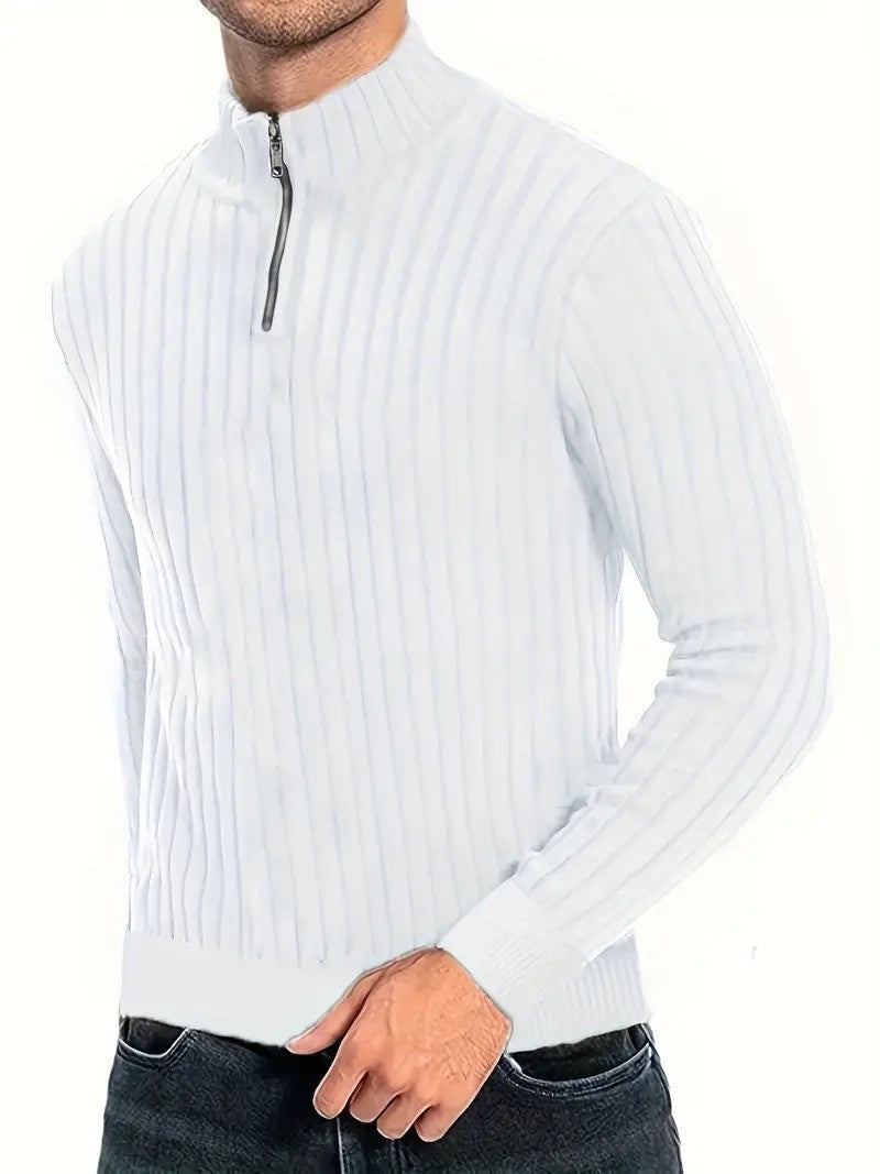 Dwayne Pulli | Herren Strickpullover mit halbem Reißverschluss-Weiß-S-Chaps Herrenmode