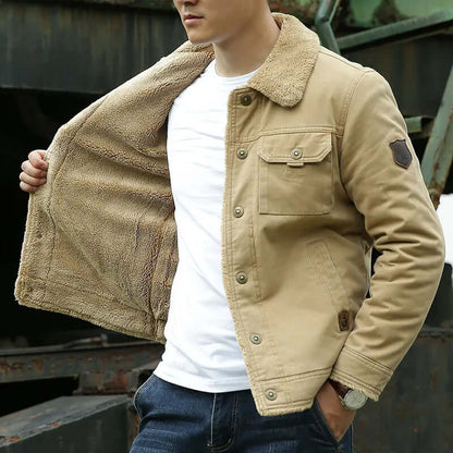 Fleece gefütterte Jacke | Button-Up | Brusttasche | Winterjacke | Herrenjacke-Khaki-M-Chaps Herrenmode