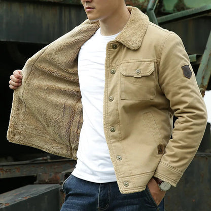 Fliegerjacke – Taschen – mit Knöpfen – Fleece-gefütterte Jacke – Winterjacke für Herren-Khaki-S-Chaps Herrenmode