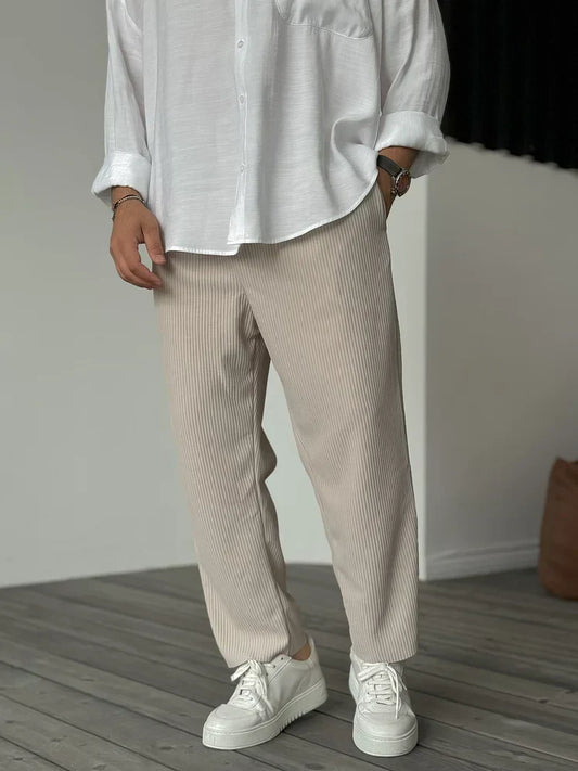 Freizeithosen | Gerippt | Elastischer Bund | Gerade geschnittene Hose | Herrenhosen-Beige-S-Chaps Herrenmode