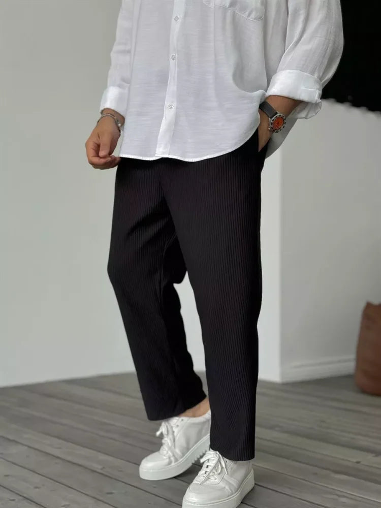 Freizeithosen | Gerippt | Elastischer Bund | Gerade geschnittene Hose | Herrenhosen-Schwarz-S-Chaps Herrenmode