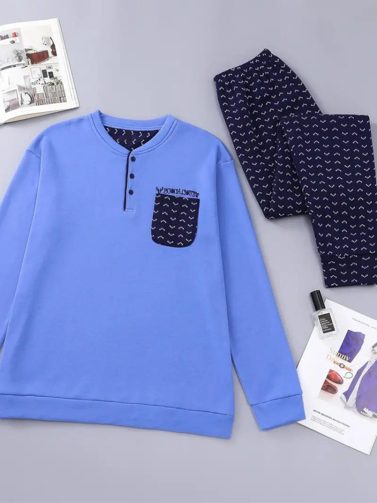 Gabriel Schlafanzug Set | Herren Casual Langarm Schlafanzug-Vibrierendes Blau-XS-Chaps Herrenmode