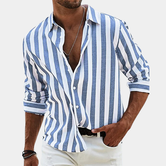 Gestreiftes Hemd - Atmungsaktiv - Lange Ärmel - Hemd mit Knopfleiste - Herrenhemd-Blau-S-Chaps Herrenmode