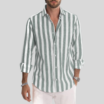 Gestreiftes Hemd – Langarm – Knopfleiste – Leinenhemd – Herrenhemden-Grün-XXS-Chaps Herrenmode