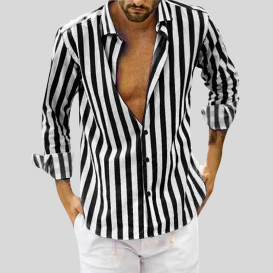 Gestreiftes Hemd – Langarm – Knopfleiste – Leinenhemd – Herrenhemden-Schwarz-XXS-Chaps Herrenmode