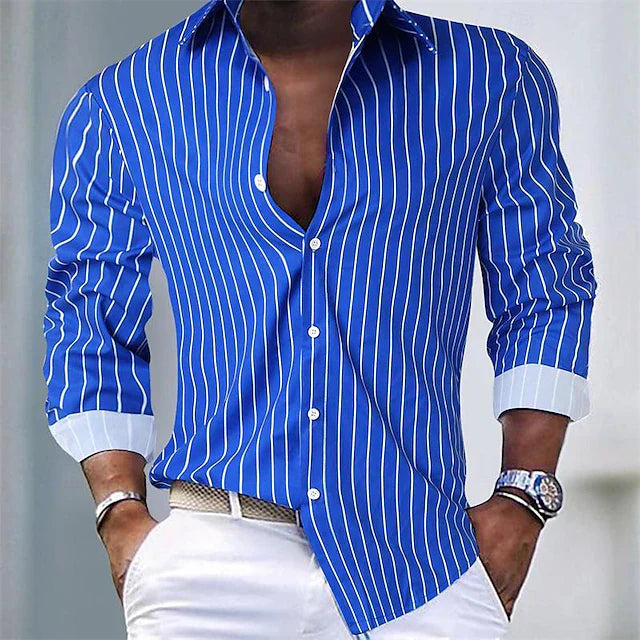 Gestreiftes Hemd | Langarm | Slim Fit | Hemd mit Knöpfen | Herrenhemden-Blau-S-Chaps Herrenmode