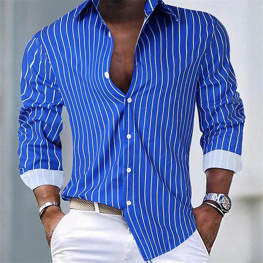 Gestreiftes Hemd | Langarm | Slim Fit | Hemd mit Knöpfen | Herrenhemden-Blau-S-Chaps Herrenmode