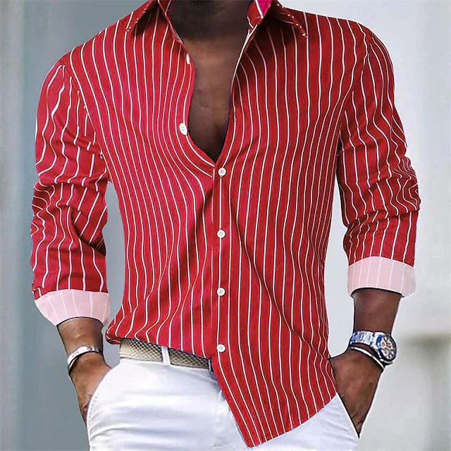 Gestreiftes Hemd | Langarm | Slim Fit | Hemd mit Knöpfen | Herrenhemden-Rot-S-Chaps Herrenmode