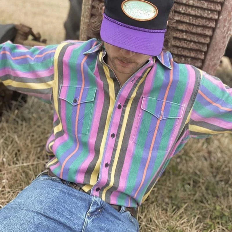 Gestreiftes Hemd | Langarm | Vintage | Hemd mit Knöpfen | Herrenhemden-Rosa-S-Chaps Herrenmode